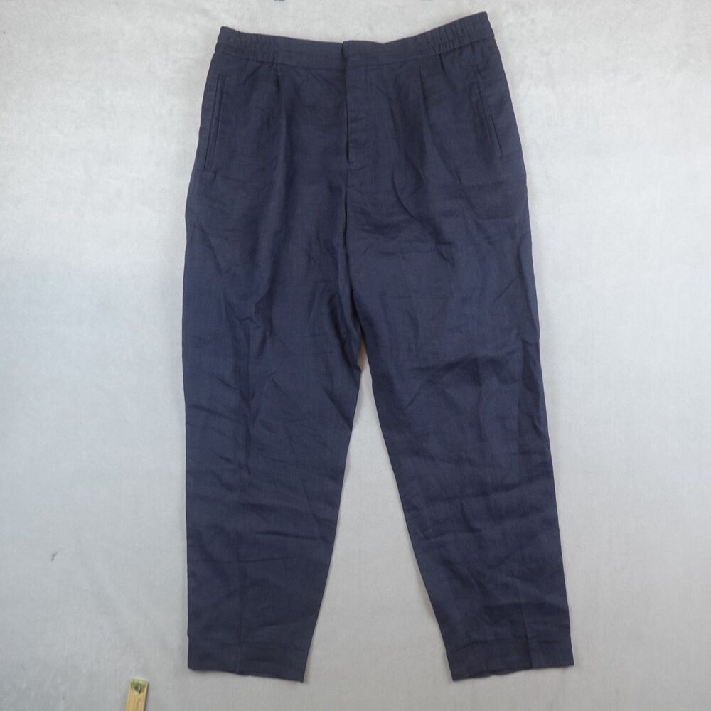 Reiss Pants Mens Navy Blue Trousers 36x29 Linen Drawstring Cuffed